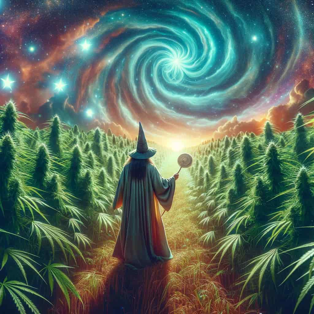 A wizard with a flowing robe and twinkling stars, standing in hemp field under a swirling, psychedelic sky