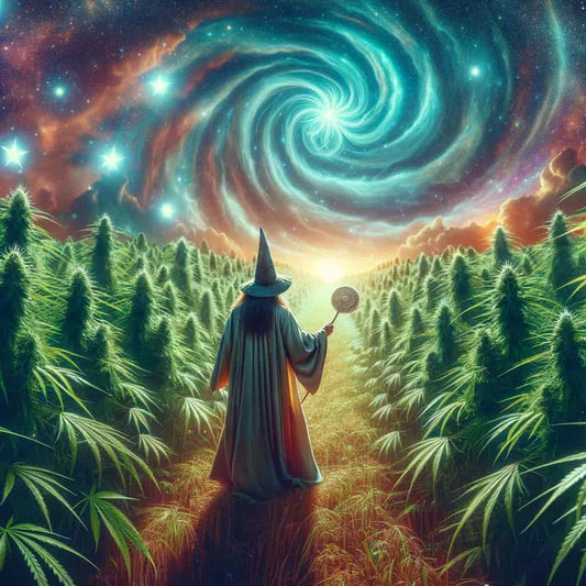 A wizard with a flowing robe and twinkling stars, standing in hemp field under a swirling, psychedelic sky