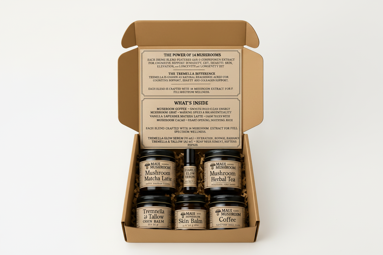 Ultimate Mushroom Wellness Gift Set – Superfood Drinks, Tremella Glow Serum, and Tremella & Tallow Balm | Handcrafted on Maui